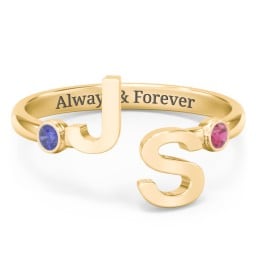 Double Initial Open Cuff Ring with Birthstones