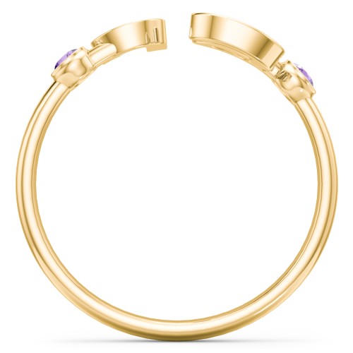Double Initial Open Cuff Ring with Birthstones – 18K Gold Plated Silver with Amethyst