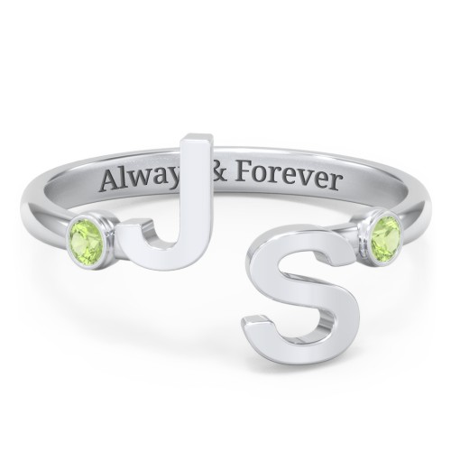 Double Initial Open Cuff Ring with Birthstones