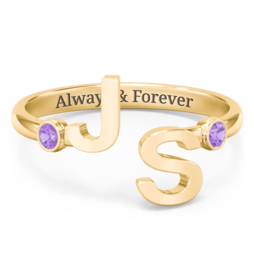 Double Initial Open Cuff Ring with Birthstones – 18K Gold Plated Silver with Amethyst