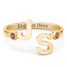 Double Initial Open Cuff Ring with Birthstones in 18K Gold Plated Silver with Garnet