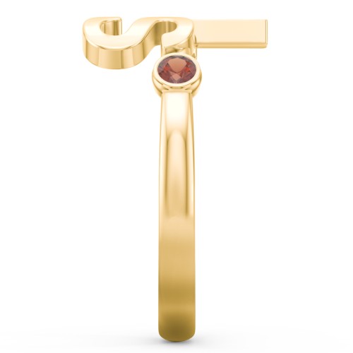Double Initial Open Cuff Ring with Birthstones – 18K Gold Plated Silver with Garnet