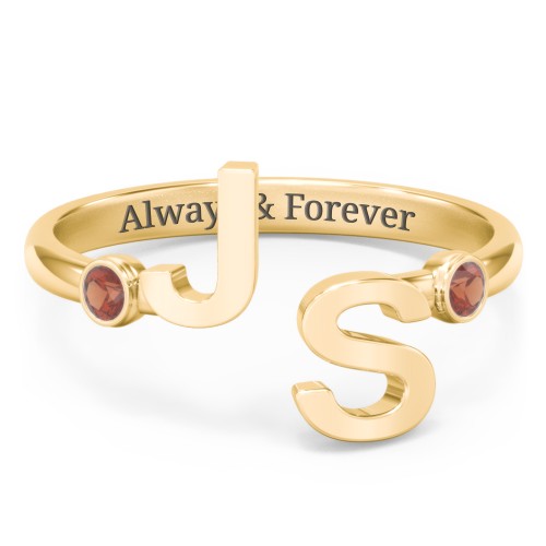 Double Initial Open Cuff Ring with Birthstones – 18K Gold Plated Silver with Garnet