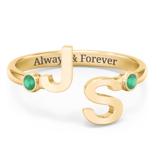 Double Initial Open Cuff Ring with Birthstones – 18K Gold Plated Silver with Emerald