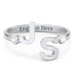 Double Initial Open Cuff Ring with Birthstones in 925 Sterling Silver with Cubic Zirconia