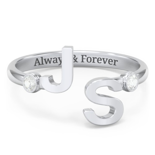Double Initial Open Cuff Ring with Birthstones – Sterling Silver with Cubic Zirconia
