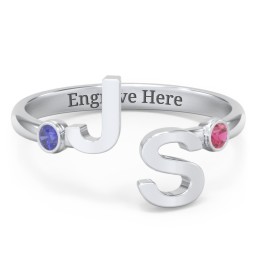 Double Initial Open Cuff Ring with Birthstones in 10K Solid White Gold with Blue Sapphire and Ruby