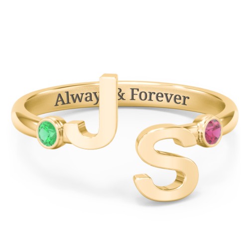 Double Initial Open Cuff Ring with Birthstones – 10K Yellow Gold with Emerald and Ruby