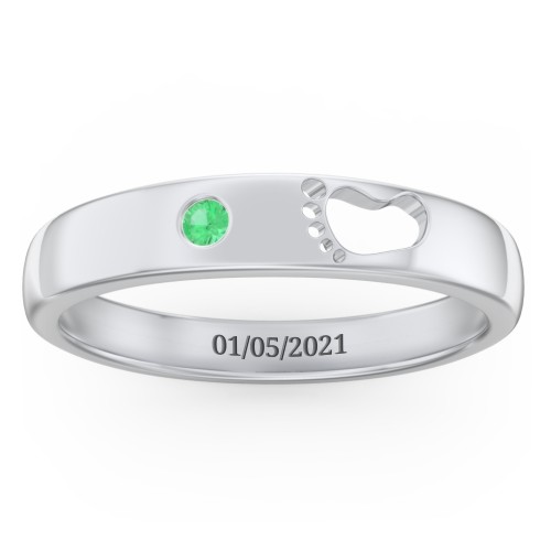 Baby Footprint Cutout Band with Birthstone – Sterling Silver with Emerald