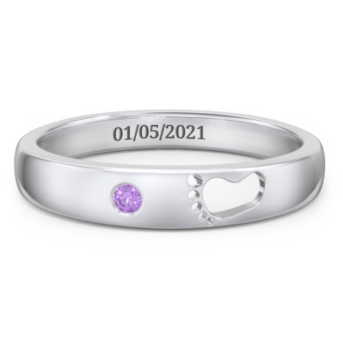 Baby Footprint Cutout Band with Birthstone – Sterling Silver with Amethyst