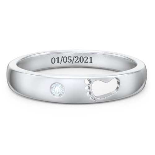 Baby Footprint Cutout Band with Birthstone – Sterling Silver with Aquamarine