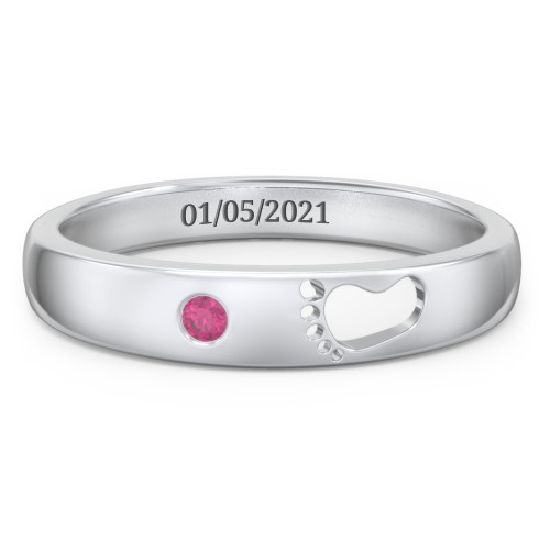 Baby Footprint Cutout Band with Birthstone – Sterling Silver with Ruby
