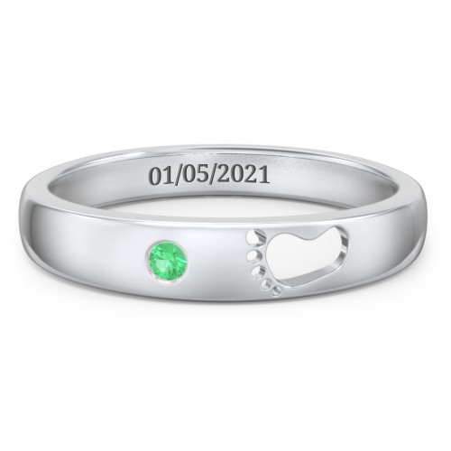 Baby Footprint Cutout Band with Birthstone – Sterling Silver with Emerald