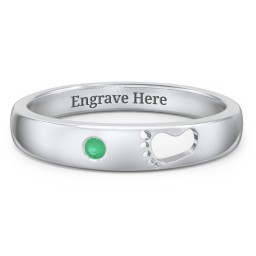 Baby Footprint Cutout Band with Birthstone in 10K Solid White Gold with Emerald