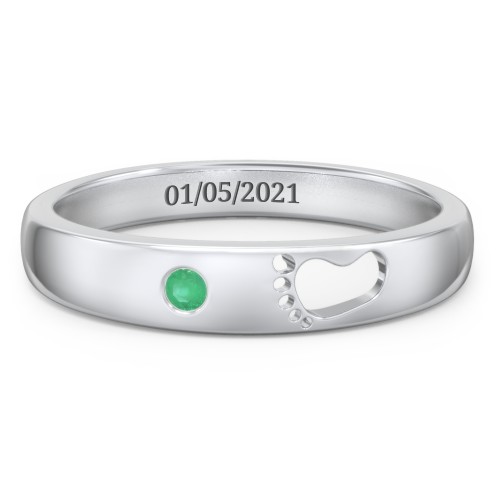 Baby Footprint Cutout Band with Birthstone – 10K White Gold with Emerald