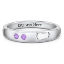 Baby Footprint Cutout Band with 2 Birthstones in 925 Sterling Silver with Amethyst