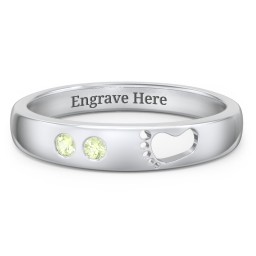 Baby Footprint Cutout Band with 2 Birthstones in 925 Sterling Silver with Peridot