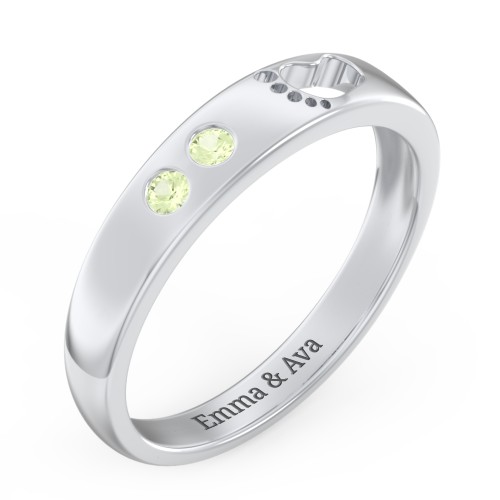 Baby Footprint Cutout Band with 2 Birthstones – Sterling Silver with Peridot