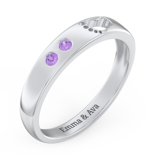 Baby Footprint Cutout Band with 2 Birthstones – Sterling Silver with Amethyst