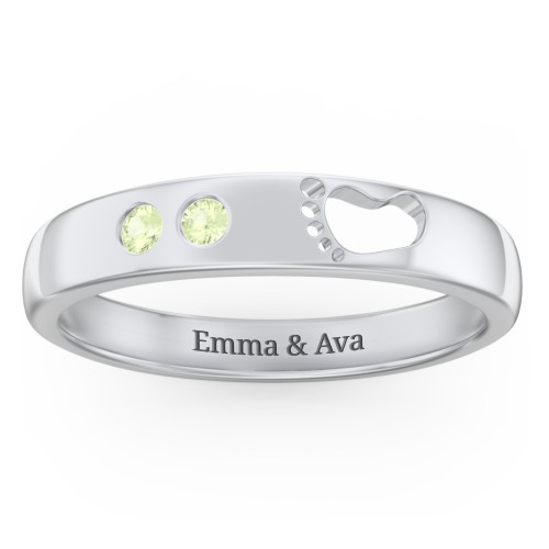 Baby Footprint Cutout Band with 2 Birthstones – Sterling Silver with Peridot
