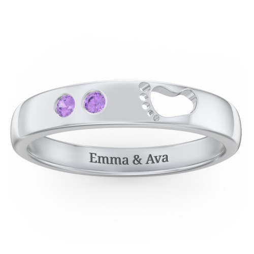 Baby Footprint Cutout Band with 2 Birthstones – Sterling Silver with Amethyst
