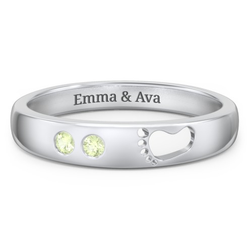 Baby Footprint Cutout Band with 2 Birthstones – Sterling Silver with Peridot