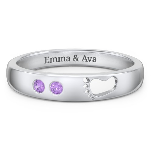 Baby Footprint Cutout Band with 2 Birthstones – Sterling Silver with Amethyst