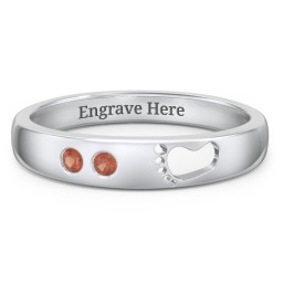 Baby Footprint Cutout Band with 2 Birthstones in 925 Sterling Silver with Garnet