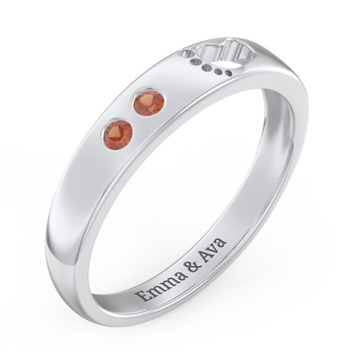 Baby Footprint Cutout Band with 2 Birthstones – Sterling Silver with Garnet