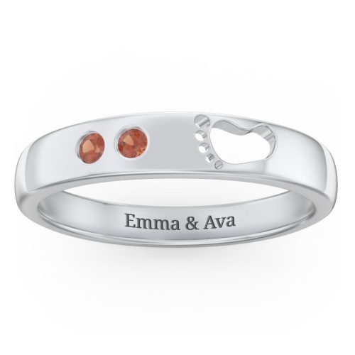 Baby Footprint Cutout Band with 2 Birthstones – Sterling Silver with Garnet