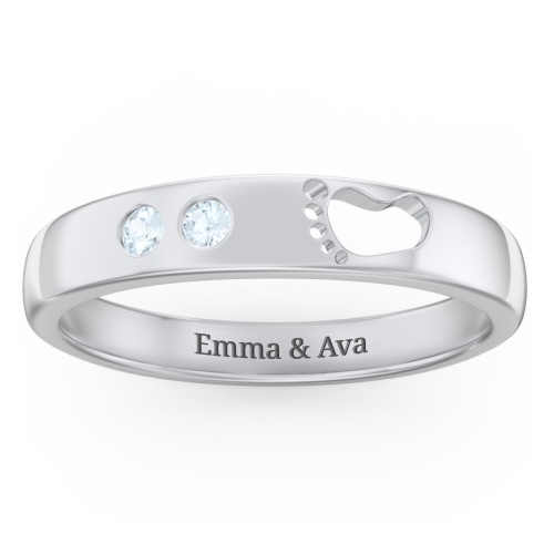 Baby Footprint Cutout Band with 2 Birthstones – Sterling Silver with Aquamarine