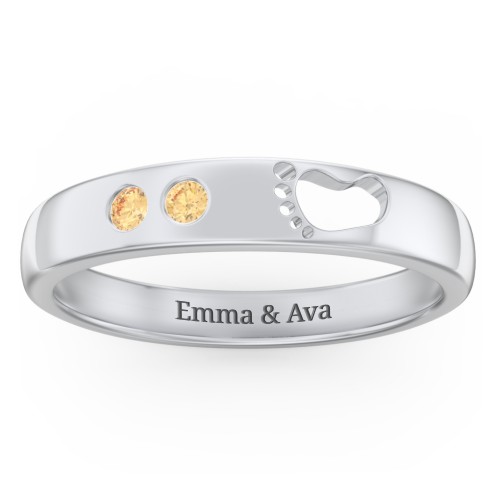 Baby Footprint Cutout Band with 2 Birthstones – Sterling Silver with Citrine