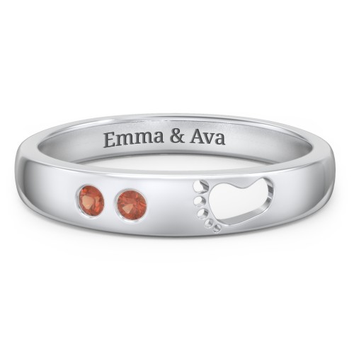Baby Footprint Cutout Band with 2 Birthstones – Sterling Silver with Garnet