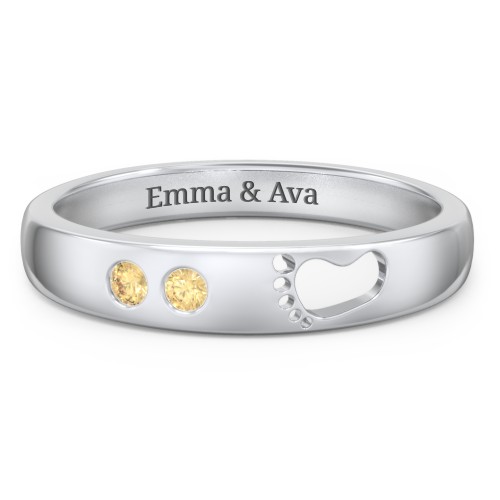 Baby Footprint Cutout Band with 2 Birthstones – Sterling Silver with Citrine