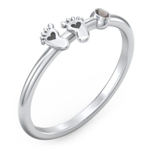 Dainty Baby Feet Ring with Birthstone – Sterling Silver with Smokey Quartz