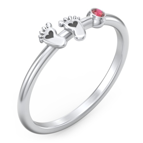Dainty Baby Feet Ring with Birthstone – Sterling Silver with Garnet