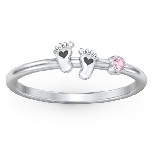 Dainty Baby Feet Ring with Birthstone – Sterling Silver with Pink Tourmaline