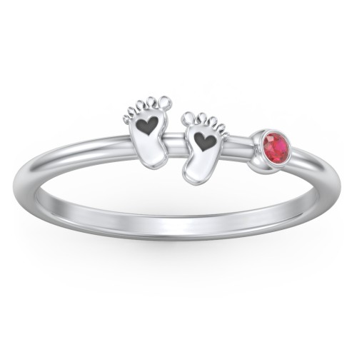 Dainty Baby Feet Ring with Birthstone – Sterling Silver with Garnet