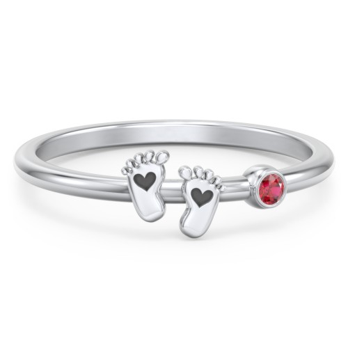 Dainty Baby Feet Ring with Birthstone – Sterling Silver with Garnet
