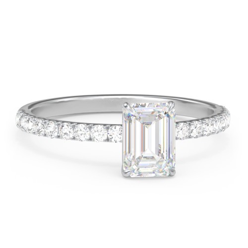1 ct. (7x5mm) Emerald Moissanite Engagement Ring With 1.5mm Side Stones – 10K White Gold with Moissanite and Lab Diamond