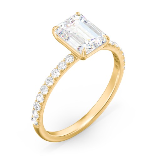 2 ct. (8x6mm) Emerald Moissanite Engagement Ring With 1.5mm Side Stones – 10K Yellow Gold with Moissanite and Lab Diamond