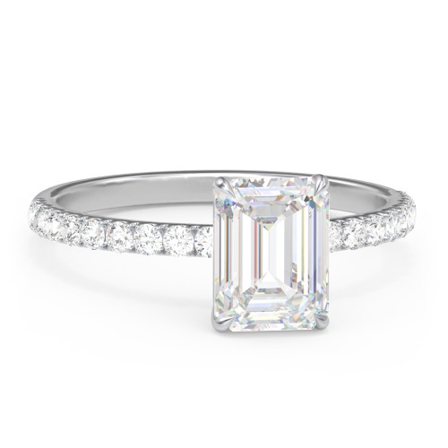 2 ct. (8x6mm) Emerald Moissanite Engagement Ring With 1.5mm Side Stones – 10K White Gold with Moissanite and Lab Diamond
