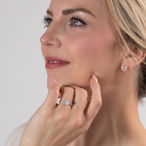 1 ct. (6.5mm) Moissanite Engagement Ring With 1.5mm Side Stones – 10K White Gold with Moissanite and Lab Diamond