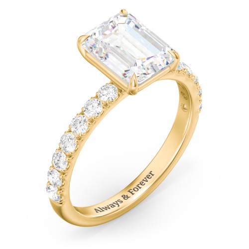 3 ct. (9x7mm) Emerald-Cut Moissanite Engagement Ring With 2mm Side Stones – 10K Yellow Gold with Moissanite and Lab Diamond