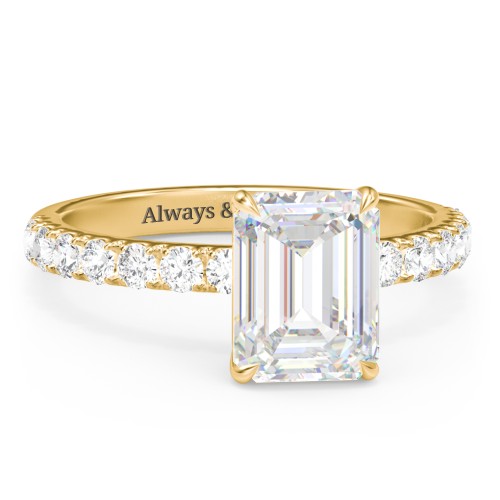 3 ct. (9x7mm) Emerald-Cut Moissanite Engagement Ring With 2mm Side Stones – 10K Yellow Gold with Moissanite and Lab Diamond