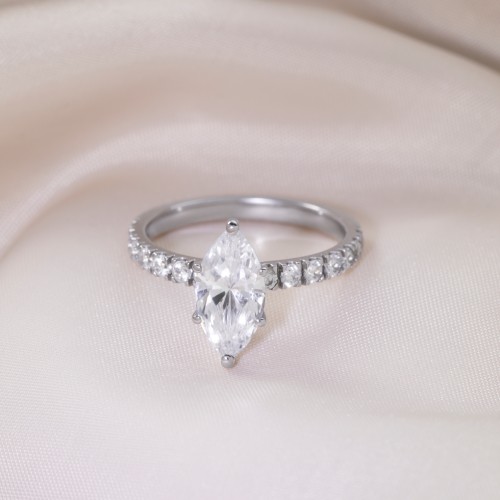 1 ct. (10x5mm) Marquise Moissanite Engagement Ring With 2mm Side Stones – 10K White Gold with Moissanite and Lab Diamond