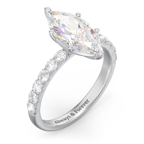 3 ct. (14x7mm) Marquise Moissanite Engagement Ring With 2mm Side Stones – 10K White Gold with Moissanite and Lab Diamond