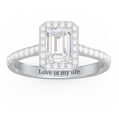 1 ct. (7x5mm) Emerald-Cut Moissanite Halo Engagement Ring with Side Stones – 10K White Gold with Moissanite and Lab Diamond