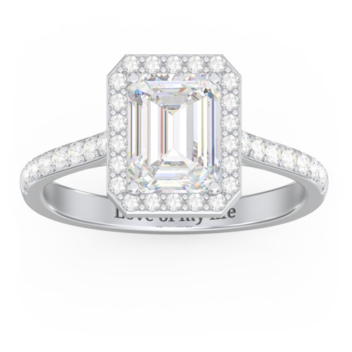 2 ct. (8x6mm) Emerald-Cut Moissanite Halo Engagement Ring with Side Stones – 10K White Gold with Moissanite and Lab Diamond