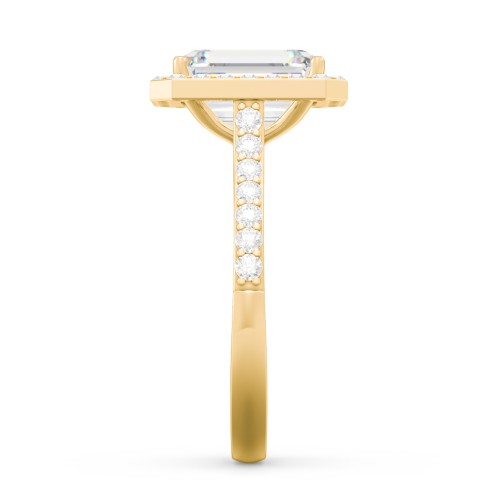 3 ct. (9x7mm) Emerald-Cut Moissanite Halo Engagement Ring with Side Stones – 10K Yellow Gold with Moissanite and Lab Diamond